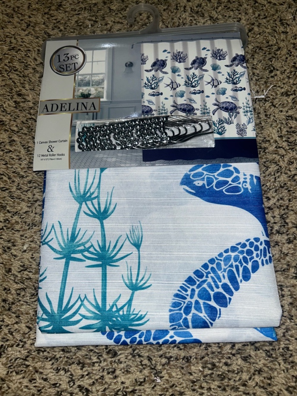 Adelina 13pc Blue Turtle Beach Shower Curtain Set